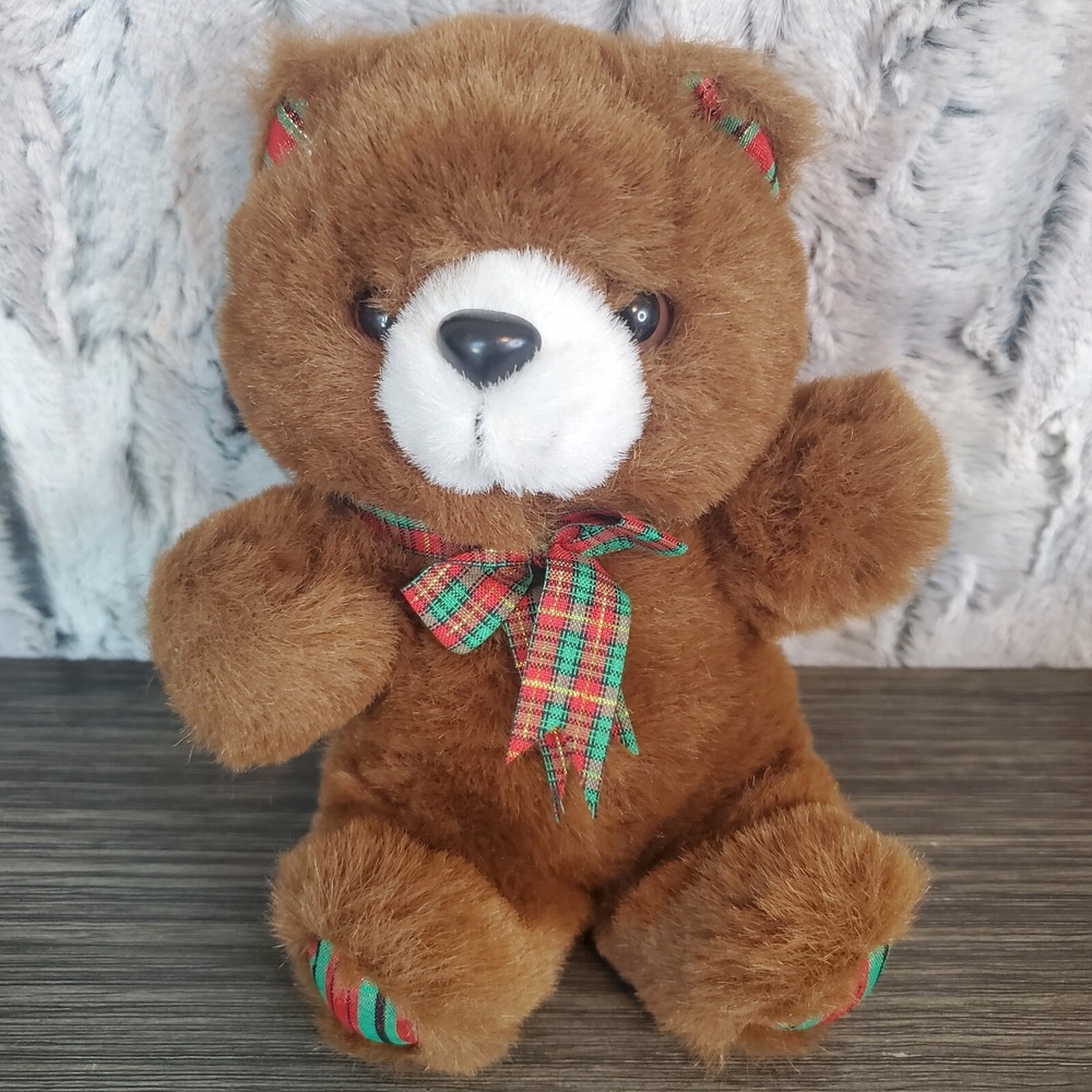 Vtg Fairview Brown Teddy Bear 7" Christmas Plush- Red Plaid Bow, Ears & Paws